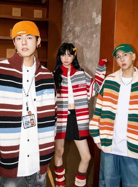 NOTEARS 美式慵懒风彩色条纹针织卫衣开衫毛衣跨年穿搭男女同款