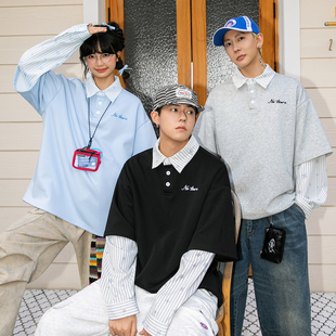 NOTEARS 重磅星星纹理假两件条纹衬衫领休闲长袖拼接卫衣男女同款