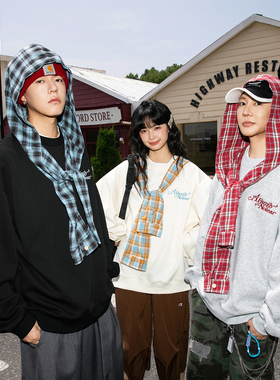 NOTEARS 重磅连帽假两件披肩格纹衬衫休闲宽松款情侣卫衣男女同款