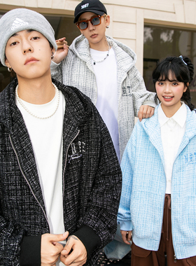 NOTEARS 小香风立体珍珠重工小短款刺绣格纹连帽拉链卫衣男女同款