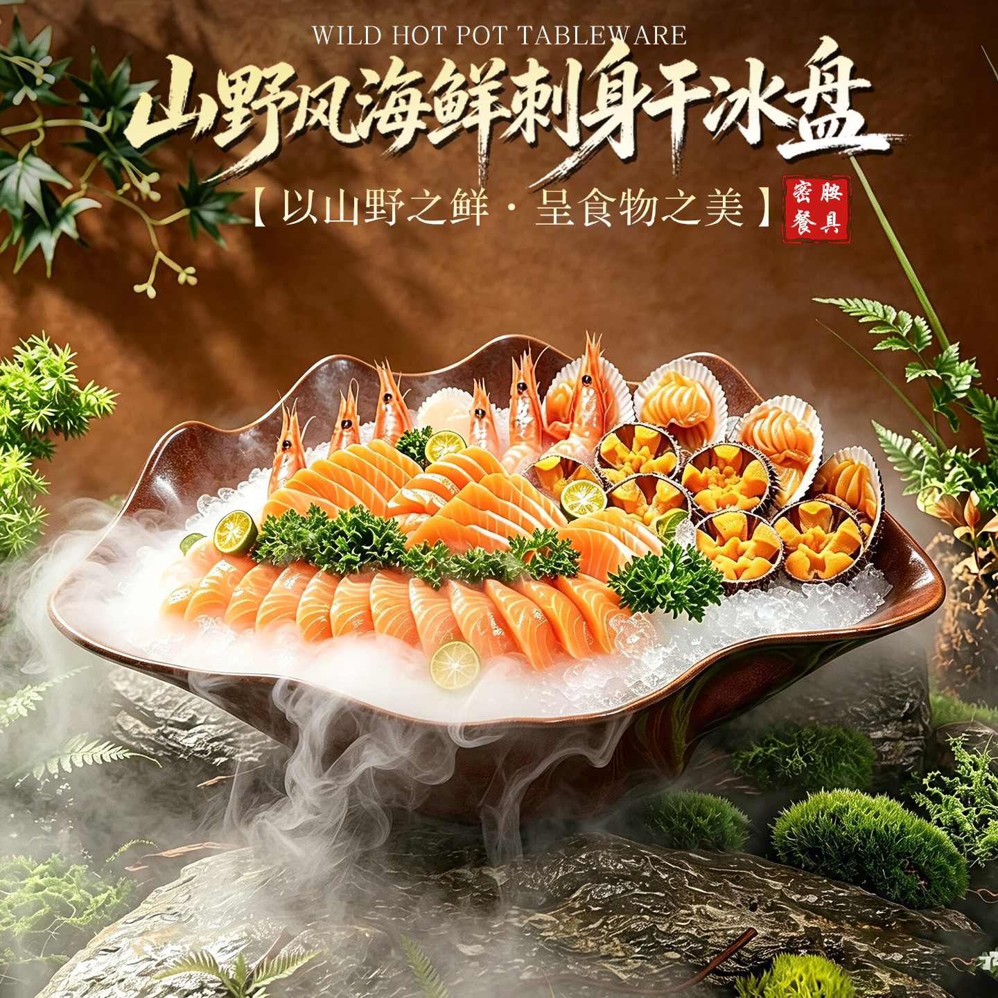 高级感贝壳姿造海鲜刺身干冰盘密胺餐具三文鱼鲜虾生蚝海鲜拼盘图片