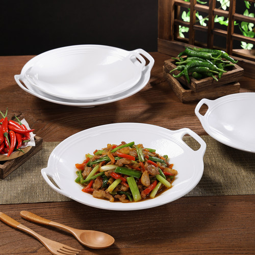 湘菜馆饭馆专用小炒碗密胺盘子双耳餐盘专用餐具商用白色仿瓷菜盘