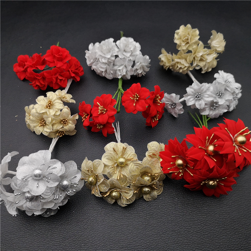 金色银色花环材料喜糖盒配件DIY假花仿真花红花配花花饰茶花珍珠