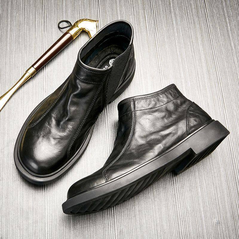 가을 첼시 부츠 남성 가죽 미드 탑 가죽 신발 게으른 한쪽 다리 부드러운 밑창 마틴 부츠 캐주얼 올 매치 숏 부츠