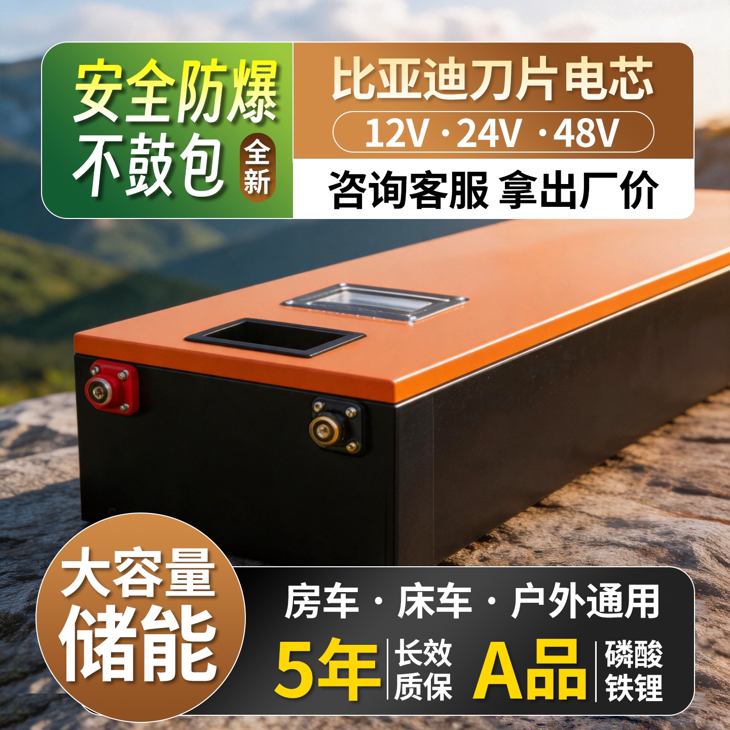 比亚迪全新刀片磷酸铁锂电池适配储能房车户外露营摆摊12V~48V图片