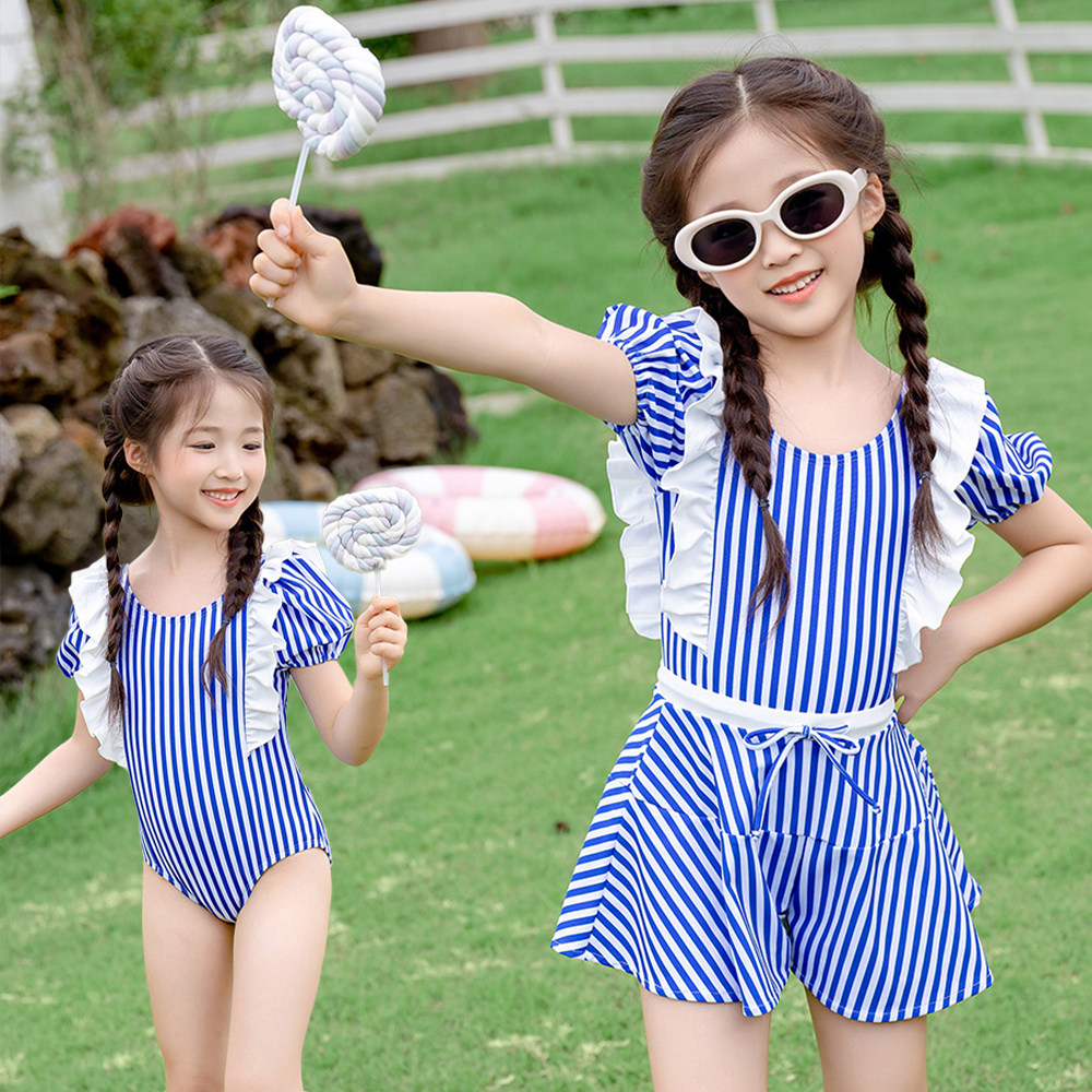 糖果风女童连体泳衣条纹荷叶边可爱防晒儿童泳装两件套独立小裙子