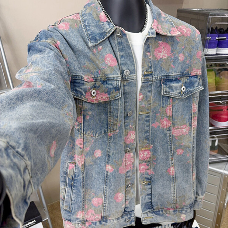 港风牛仔夹克男女情侣个性提花大花上衣服2025秋冬潮流新品外套
