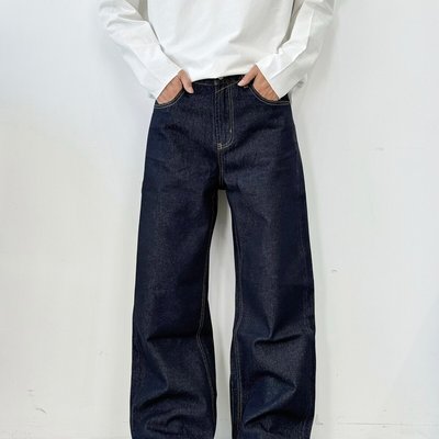 原色丹宁深蓝色牛仔裤男款美式复古cleanfit裤子直筒阔腿微喇叭裤