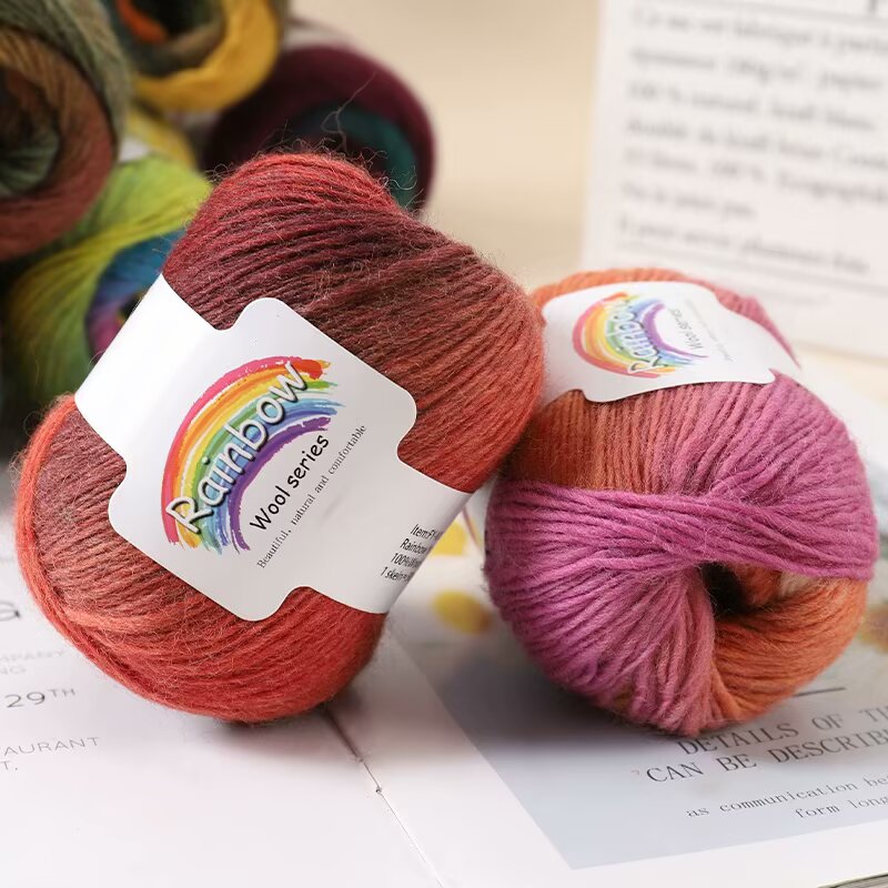 100%彩虹纯羊毛线长段染毛线手工编织DIY外套围巾贵妇人披肩线