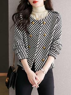 女士条纹短外套秋装2023年新款春秋高级感小众早秋小香风毛呢上衣