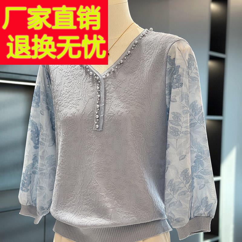 时尚洋派雪纺针织衫女妈妈装春装新款上衣百搭休闲中老年人打底衫