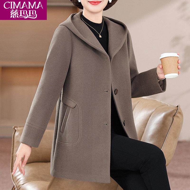 妈妈秋冬新款高贵连帽毛呢子大衣中年妇女中长上衣中老年冬装外套