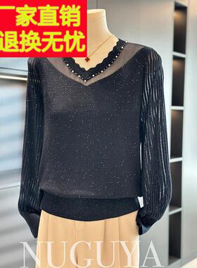 时尚洋气亮丝针织衫女套头妈妈装春装新款上衣气质百搭中年打底衫