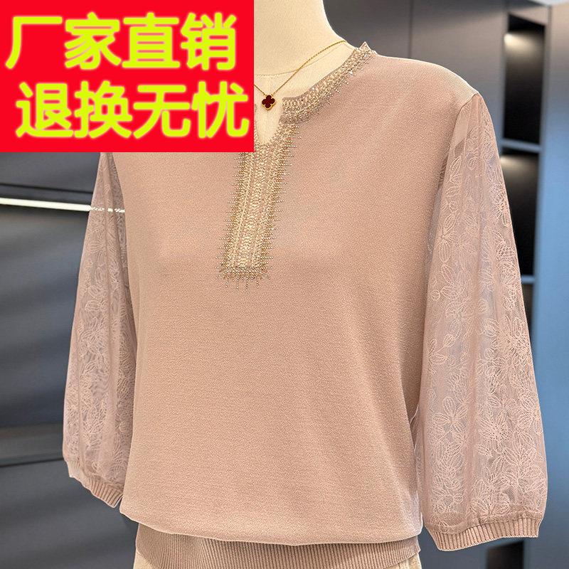 时尚洋派雪纺七分袖女妈妈针织衫春装新款上衣气质百搭中老年小衫