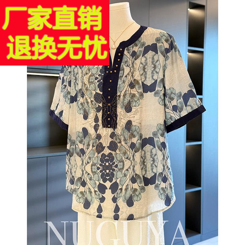 中国风妈妈装棉麻衬衫女短袖2025夏装新款上衣大尺码休闲 中老年