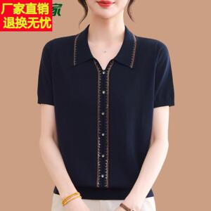 品牌世家桑蚕丝短袖t恤女妈妈夏装洋派翻领针织小衫宽松天丝上衣