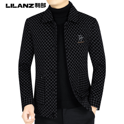 利郎商务男装中年翻领格子夹克衫