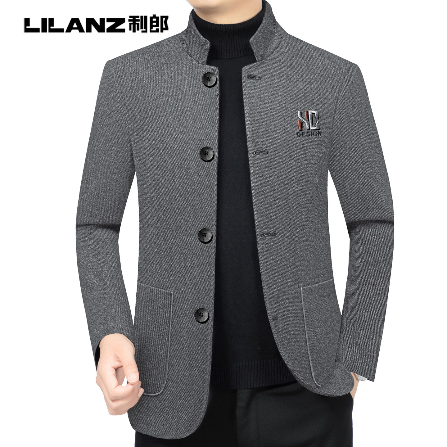 利郎男装秋冬夹克中年男士商务休闲立领纯色宽松羊毛呢外套中山装