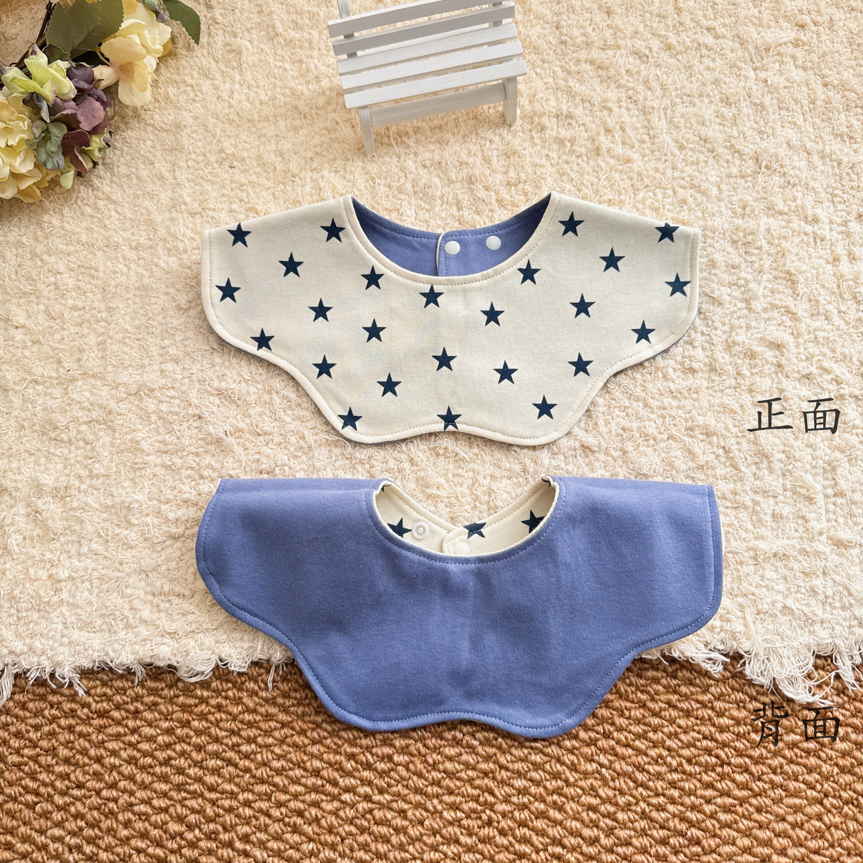 韩版ins双面宝宝口水巾纯棉纯色婴幼儿围嘴花瓣形可旋转围兜