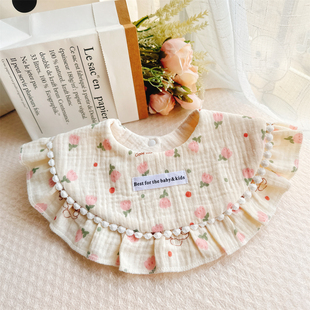 纯棉纱布婴儿围嘴围兜新生儿公主风花朵小围嘴花边口水巾秋冬厚款