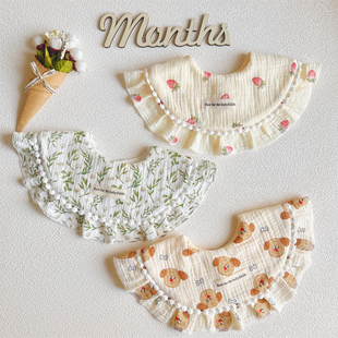 纯棉纱布婴儿围嘴围兜新生儿公主风花朵小围嘴花边口水巾秋冬厚款