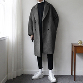 宽松加厚毛呢外套休闲深灰色个性 男装 韩国中长款 帅气呢子大衣潮流