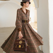 弥爱原创 榛果饼干 英伦复古加厚毛呢格纹vintage风高腰连衣裙