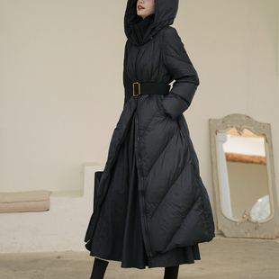 复古连帽加长款 90白鹅绒法式 通勤收腰显瘦羽绒服厚 黑曜石 弥爱