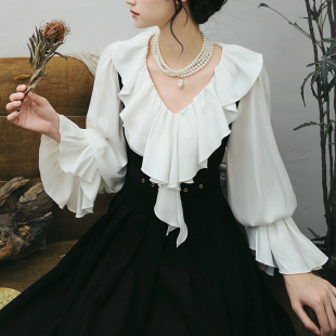 白衬衫 弥爱原创 宫廷复古维多利亚荷叶边灯笼袖 法式 秋 月影琉璃