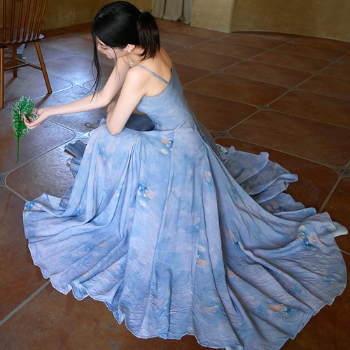 新中式莫奈睡莲天丝麻十米大摆裙