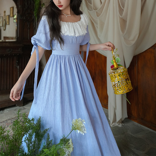 弥爱法式宫廷复古绑带高腰连衣裙