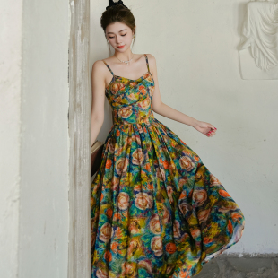 弥爱原创 天丝复古油画印花艺术生大摆显瘦吊带裙夏 印象·梵高