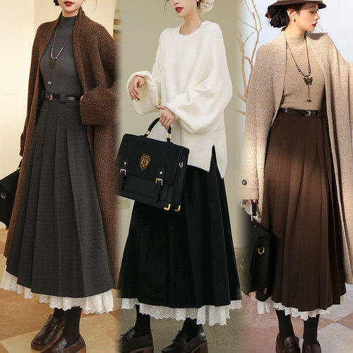 法式复古磨毛呢料高腰百褶长裙厚