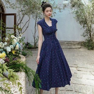 复古收腰包肩袖 纯棉法式 连衣裙赫本大摆长裙 浪漫香榭 弥爱原创