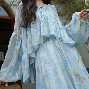云水蓝 长裙套装 新中式 衬衫 夏 仙女鎏金印花宽松灯笼袖 弥爱原创