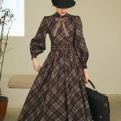 弥爱原创 大摆连衣裙 复古加厚磨毛格纹高腰灯笼袖 庄园旧梦 法式