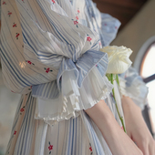 铃兰 法式 复古重工提花条纹灯笼袖 弥爱原创 荷叶边长款 连衣裙