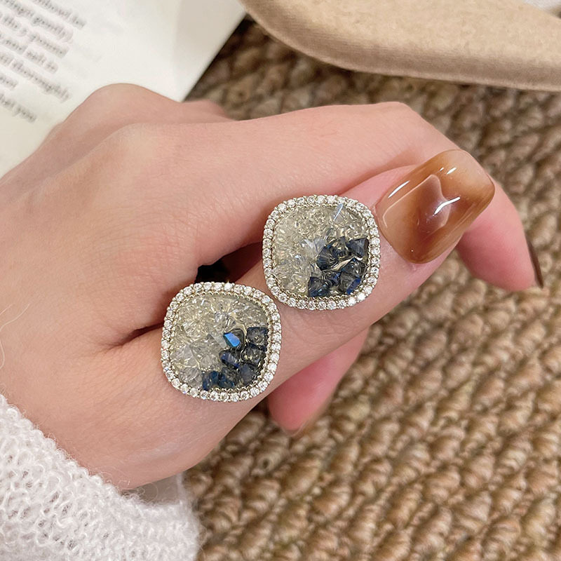 蓝色水晶方形耳环女 小众轻奢百搭高级感咖啡金耳钉 s925银针耳饰