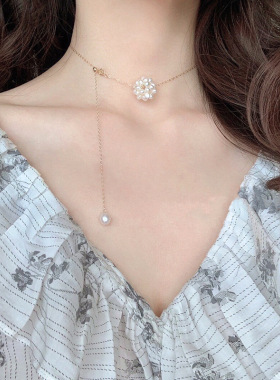 法式天然淡水珍珠路路通项链女夏手工编织小众高级感绣球花锁骨链