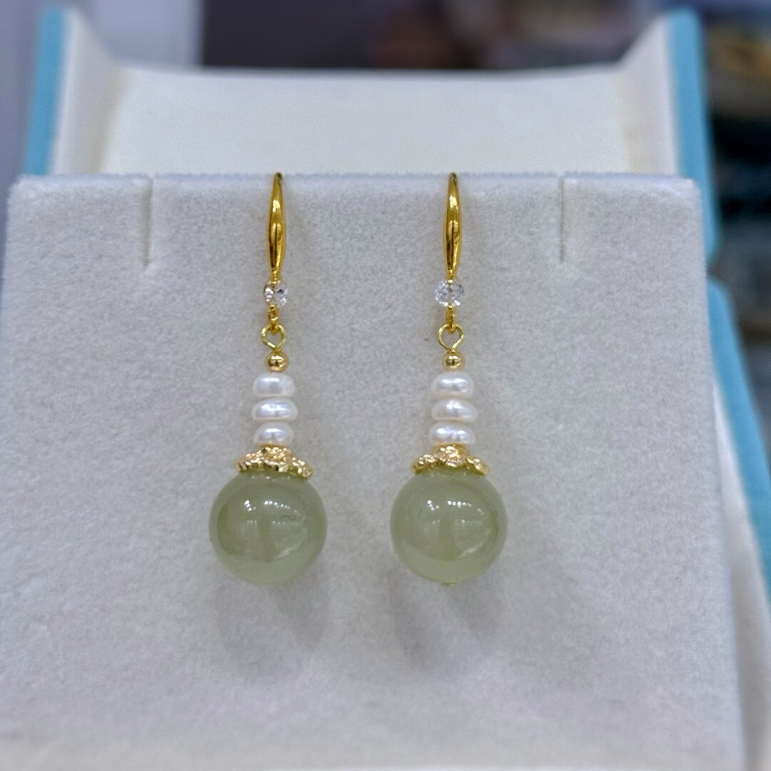 碧玉髓淡水珍珠耳坠新款青白玉简约设计国潮新中式简约时尚
