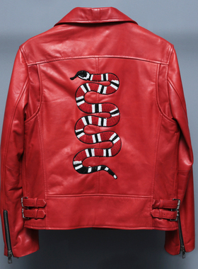 RC欧货GC风格后背手工串珠酷蛇机车夹克牛皮外套皮衣黑色高定红