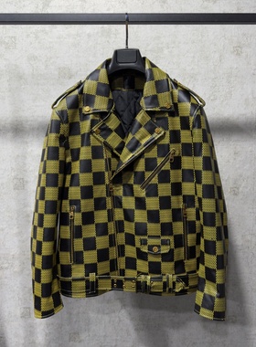 RC欧货 PERFECTO牛皮机车夹克黑黄棋盘格西班牙粒面小牛皮皮衣