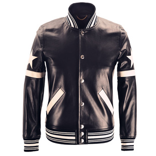 小羊皮经典 真皮男白五角星运动袖 棒球夹克皮衣 走秀款 RC欧货