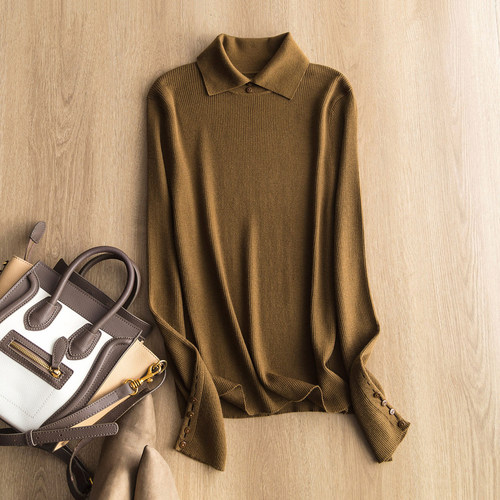 时尚气质通勤纽扣百搭翻领针织衫