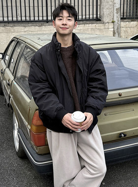 黑色复古立领夹克羽绒服冬季男生2025新款外套轻薄加厚保暖棉服潮