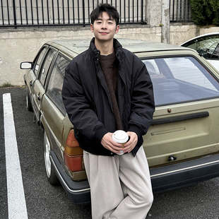 黑色复古立领夹克羽绒服冬季男生2025新款外套轻薄加厚保暖棉服潮