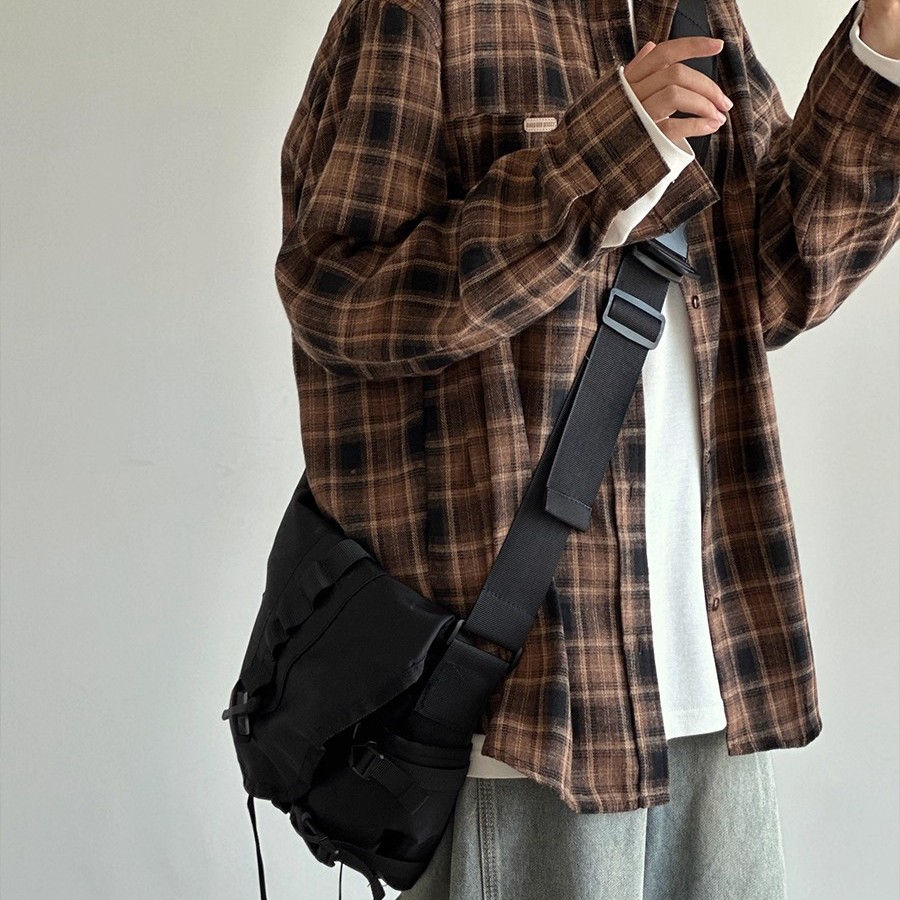 9TH复古格子衬衫磨毛日系宽松cityboy百搭长袖衬衣外套春秋男女