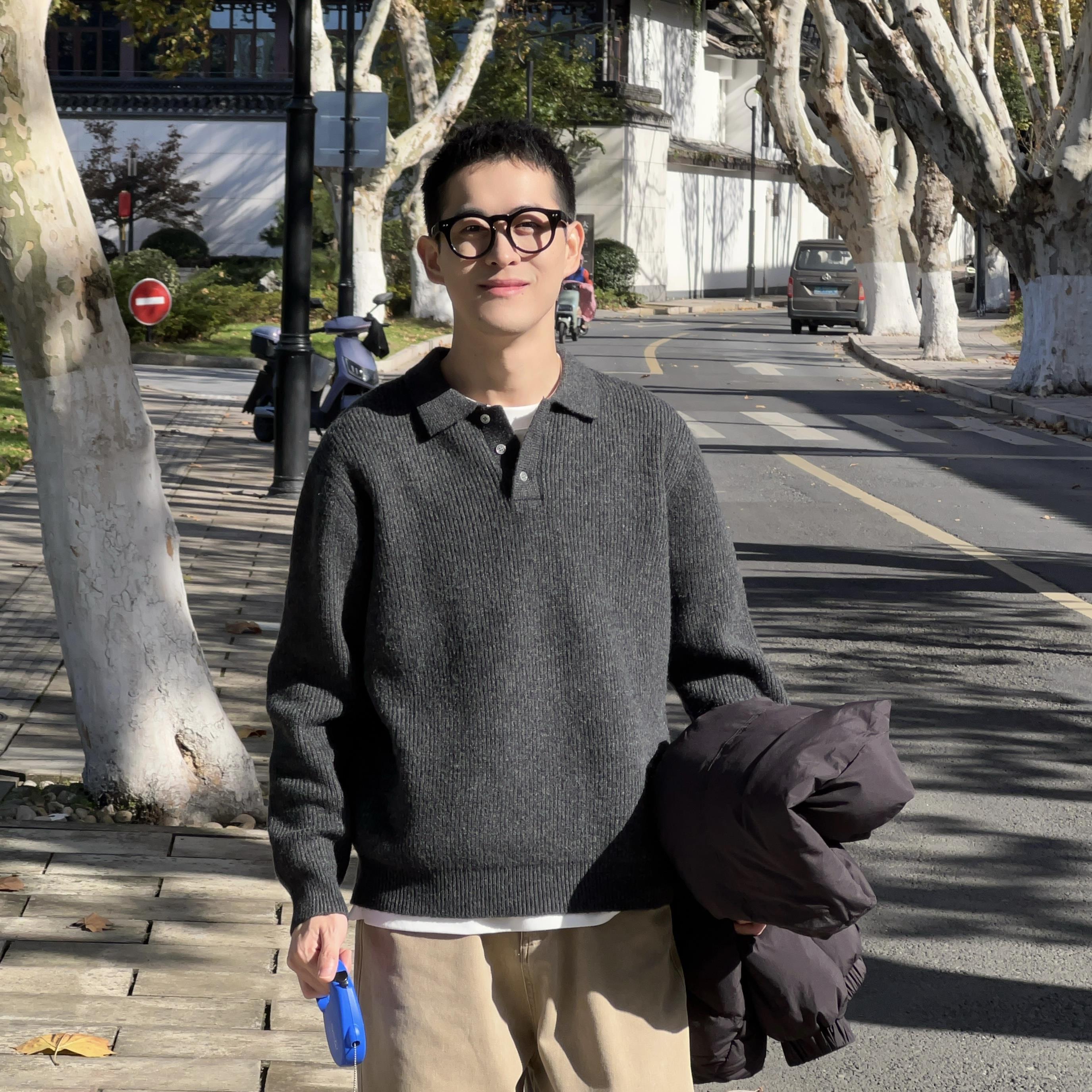 Nick Tian 秋冬新款韩系polo领针织毛衣男慵懒感简约休闲宽松上衣