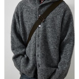LH store慵懒松弛感连帽纽扣毛衣男女短款羊毛复古百搭针织外套潮