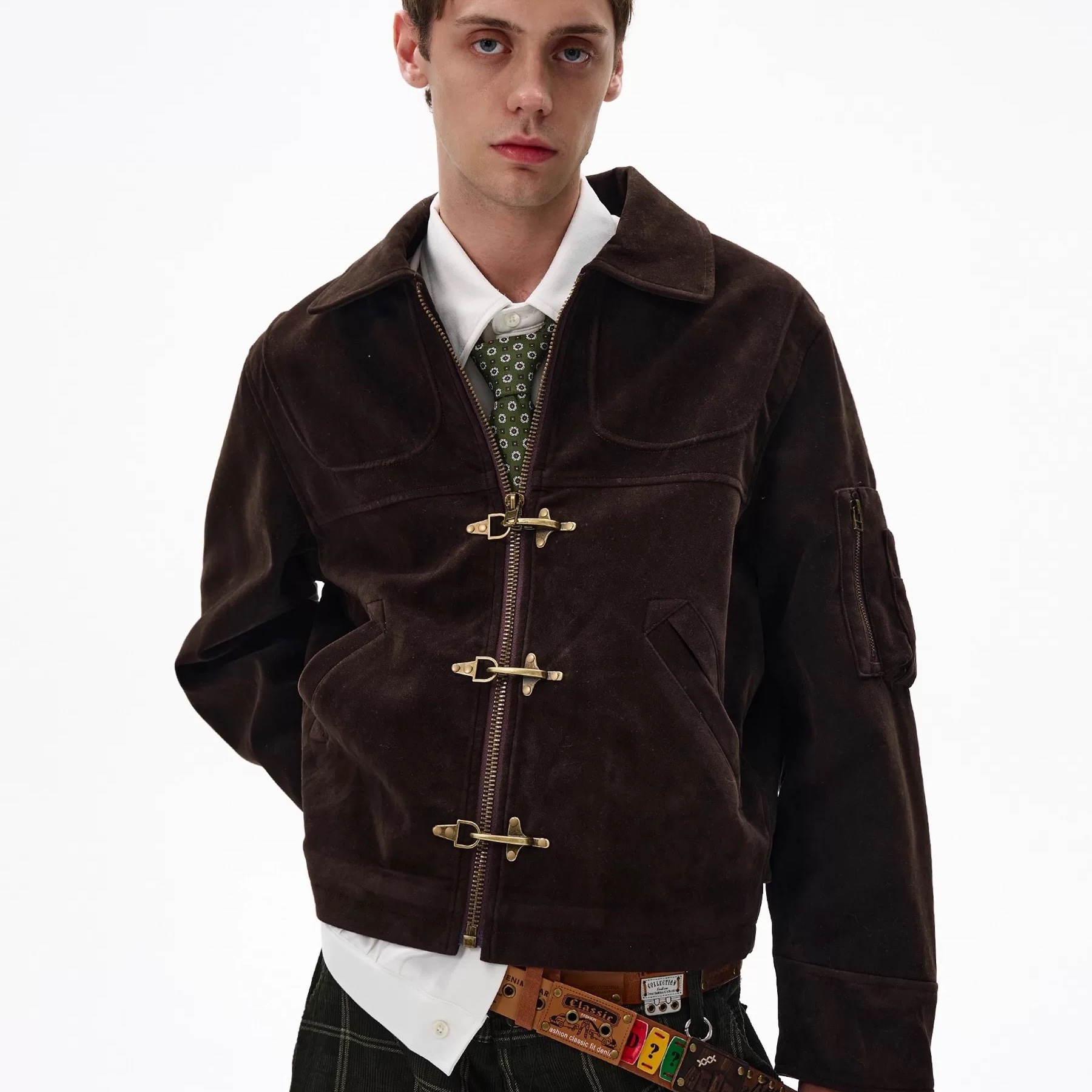 MADWITCH解构拼接飞机扣短款夹克男女复古做旧vintage麂皮外套ins